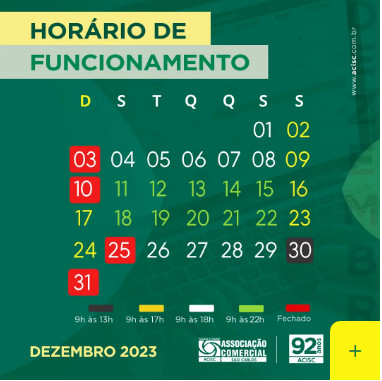 Horário do comércio do mês de dezembro